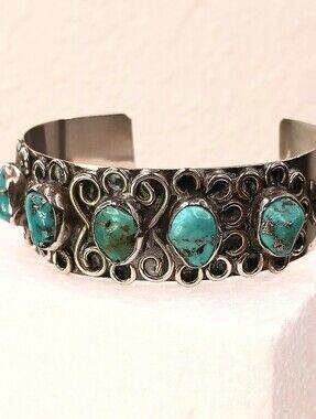 Vintage Sterling Silver 925 Navajo 5 Turquoise Bracelet 7.5" 12m X 9m Stones 30g